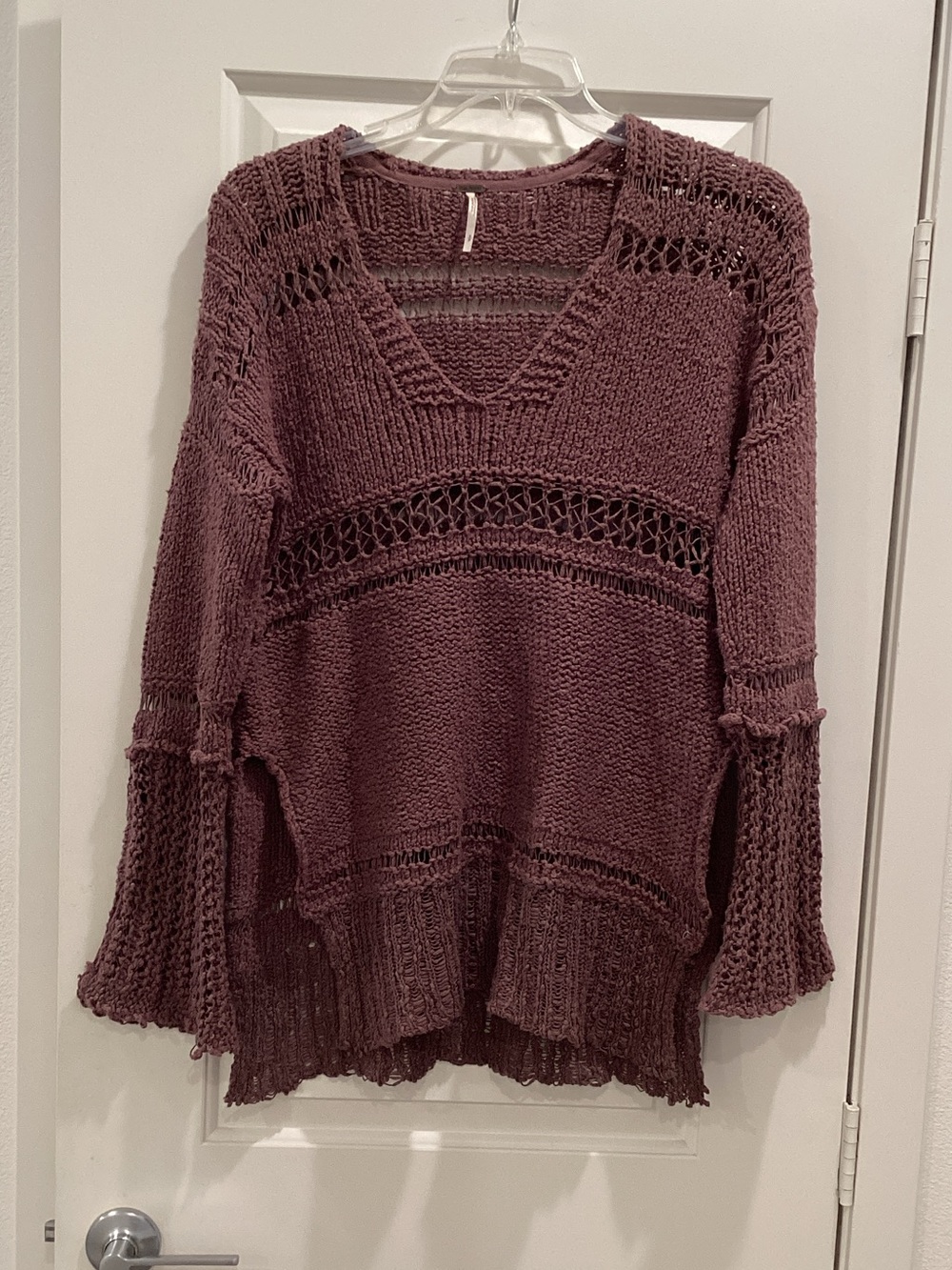 V-Neck Open Knit Sweater - Plum